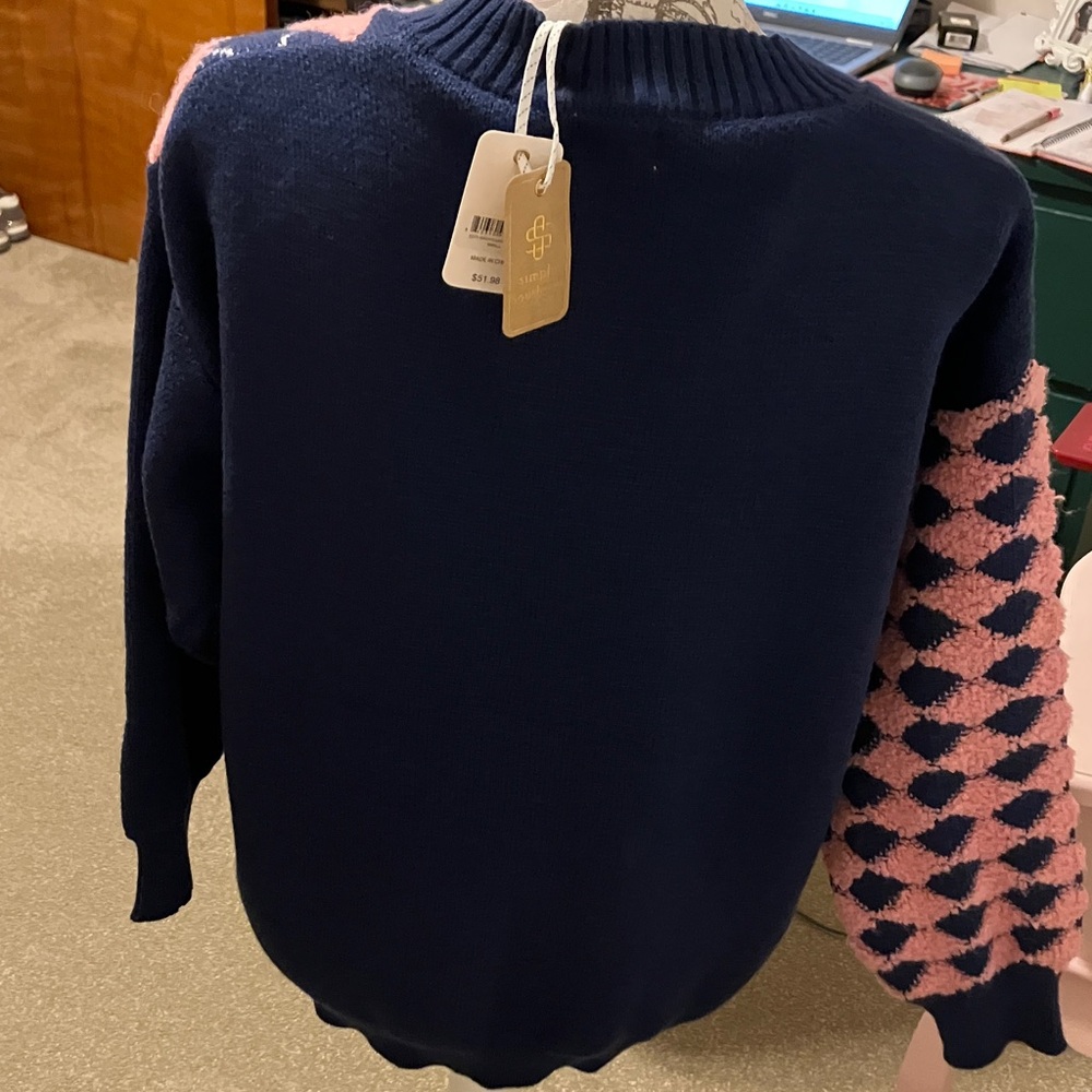 SIMPLY SOUTHERN Navy Cardigan with Pink and Green Argyle. Size Small. OVERSIZED. - Picture 5 of 9